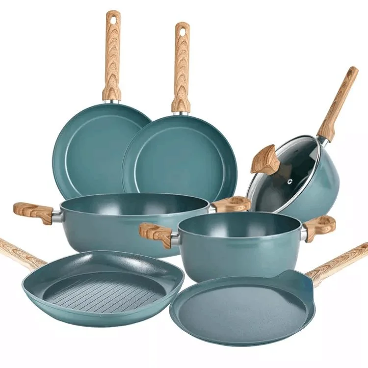 Green Pots Marble Coating with Detachable Handle Non Stick Pots and Pans Forged Aluminum Cookware Sets with Induction Bottom