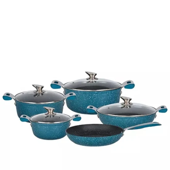 5 PCS Utensílios de cozinha antiaderentes Revestimento de mármore de pedra preta dentro de mármore de pedra azul fora de panelas e frigideiras Conjunto de panelas forjadas de alumínio com fundo de indução